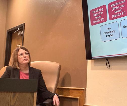 Yukon City Manager Tammy Kretchmar goes over the results of the city survey during the first Capital Project Advisory Board meeting March 22. Photo / Michael Pineda