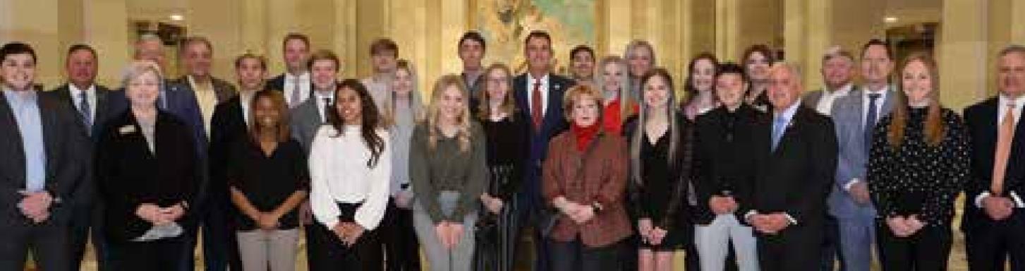 In partnership with the Mustang Chamber of Commerce, Mustang High School’s 2021-2022 Principal Chamber Leadership Council members pose recently at the Oklahoma State Capitol Building with Gov. Kevin Stitt, and government and local leaders. Photo provided.