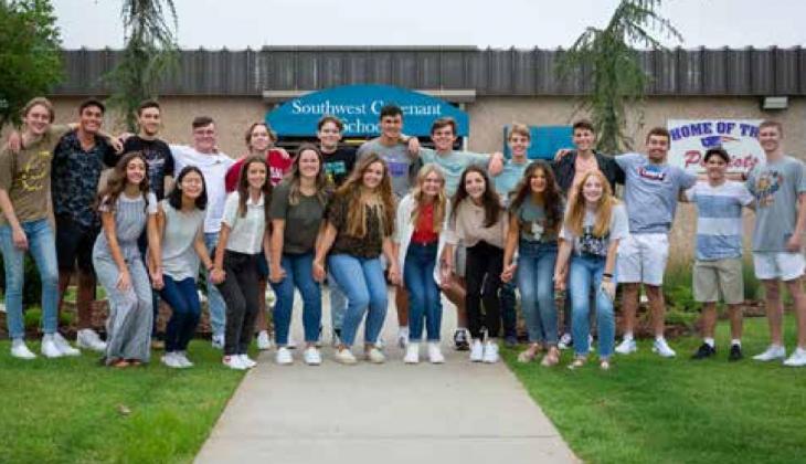 The Southwest Covenant Schools Senior Class of 2022 poses for a group shot. The 22 seniors will graduate on Thurs., May 26, at Covenant Community Church, 2250 S. Yukon Parkway in Yukon. Photo by Mitzi Aylor.