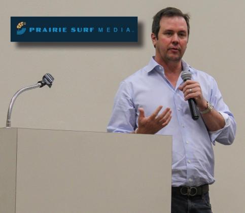 Prairie Surf Media co-founder Matt Payne speaks to local businesses at the Mustang Chamber of Commerce Sept. 23 luncheon. The global production company, which focuses on multi-platform creation, is located in Oklahoma City’s former Cox Convention Center. Photo / Haley Humphrey