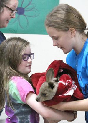 Yukon Parks and Recreation Spring Break camper Bridgette Knous receives a baby kangaroo names Aussie from Ally Bailey Wednesday morning. The animals were brought to the Yukon Community Center by Extreme Animals, which presented an educational program. Photo / Michael Pineda