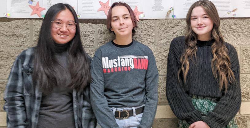 Four Mustang High School students had their poetry selected as winners in this year's Write to Win Contest. From left to right, Leslie Lu, Kaelani Cappadony and Abigail Smith. Not pictured: Aryanna Castaneda. Photo / Provided